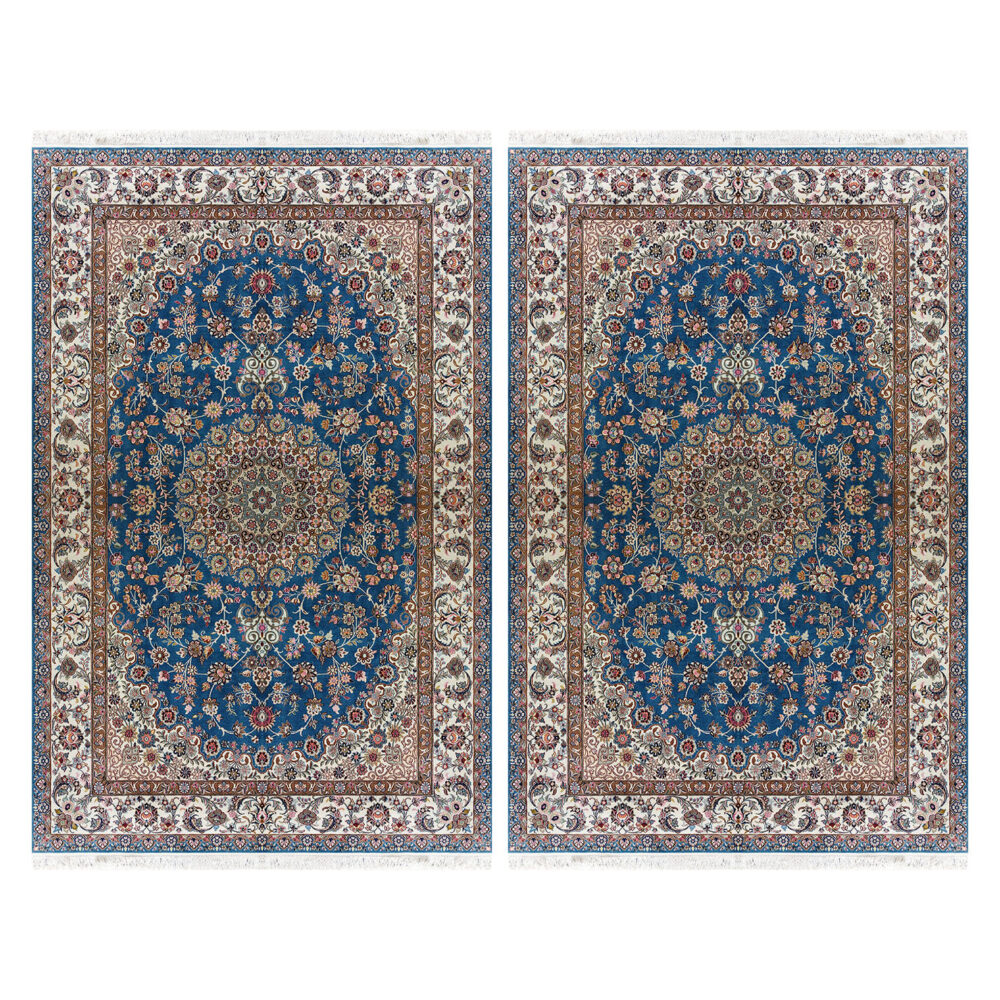 فرش نایین آبی جفت ۶ متری دستباف لچک و ترنج ۹ لا گل ابریشم