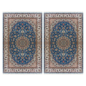 فرش نایین آبی جفت ۶ متری دستباف لچک و ترنج ۹ لا گل ابریشم