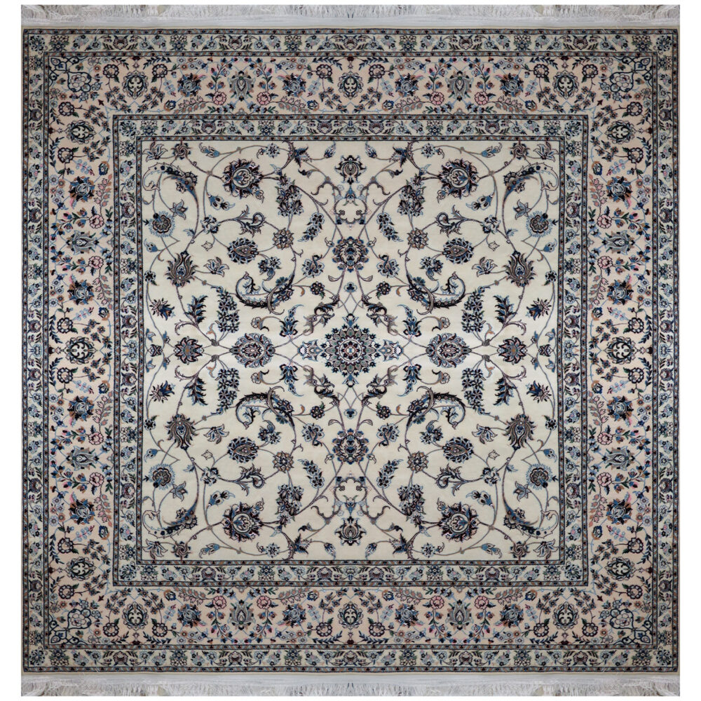 فرش دستباف نایین مربع ۲×۲ متر افشان کرم ۶ لا گل ابریشم – کد ۸۹۸