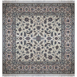 فرش دستباف نایین مربع ۲×۲ متر افشان کرم ۶ لا گل ابریشم – کد ۸۹۸