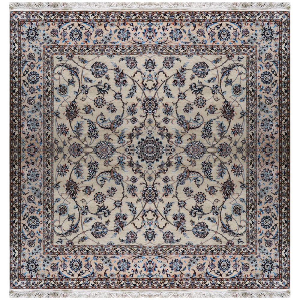 فرش دستباف نایین مربع ۲×۲ متر افشان کرم ۶ لا گل ابریشم – کد ۸۹۹