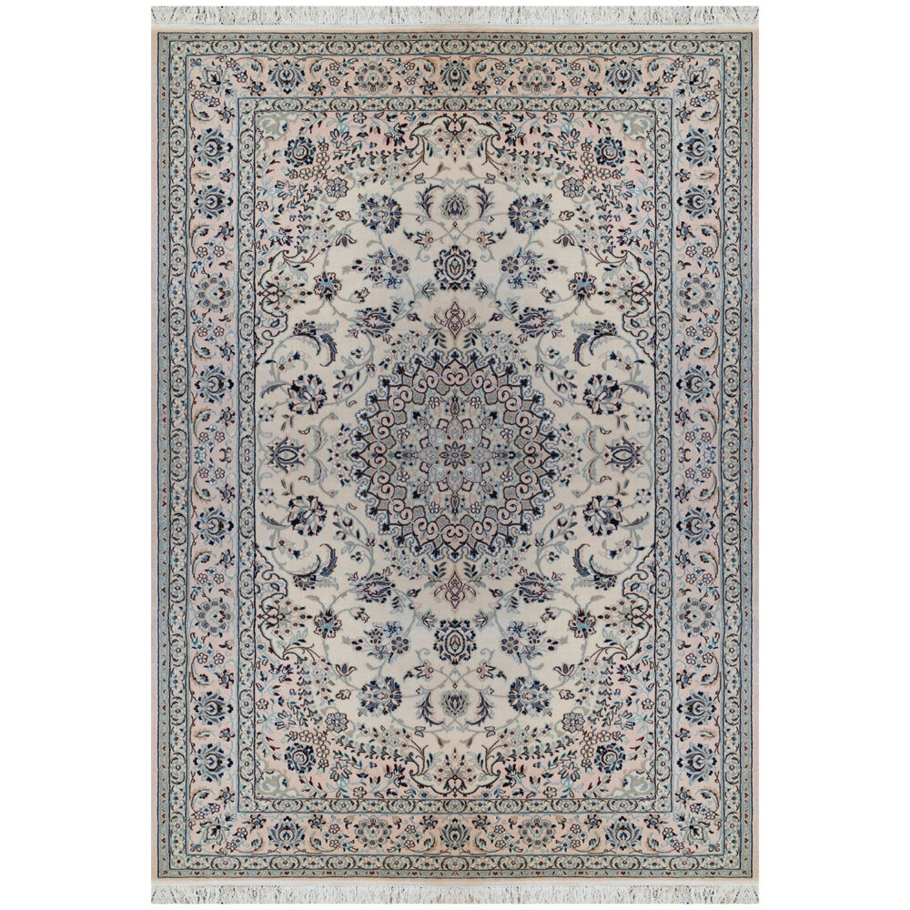 فرش دستباف نایین کرم نقشه لچک و ترنج ۹ لا گل ابریشم