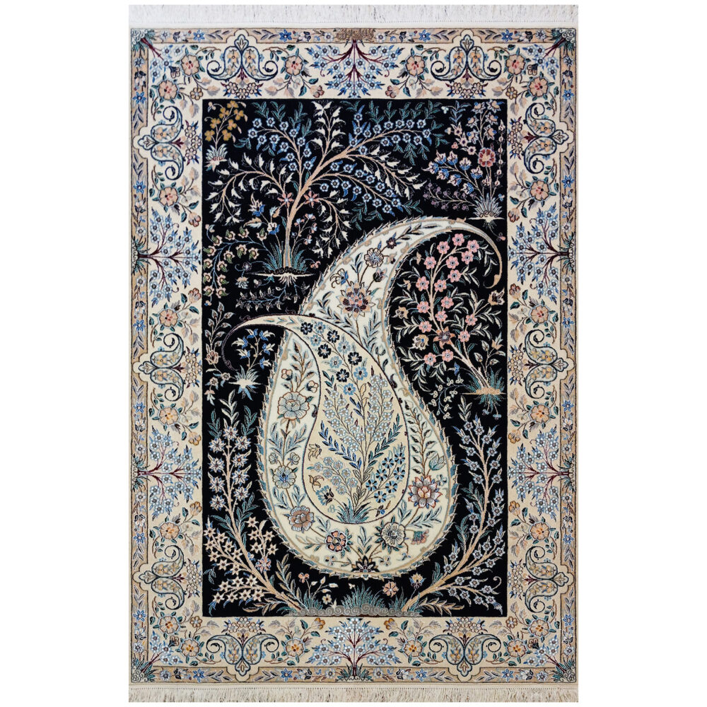 فرش نایین بته جقه دستباف سرمهای ۶ لا گل ابریشم – قالیچه ( ۱۳۰ × ۲۰۰ سانتیمتر) – کد ۹۸۹