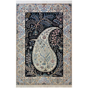 فرش نایین بته جقه دستباف سرمه‌ای ۶ لا گل ابریشم – قالیچه ( ۱۳۰ × ۲۰۰ سانتی‌متر) – کد ۹۸۹