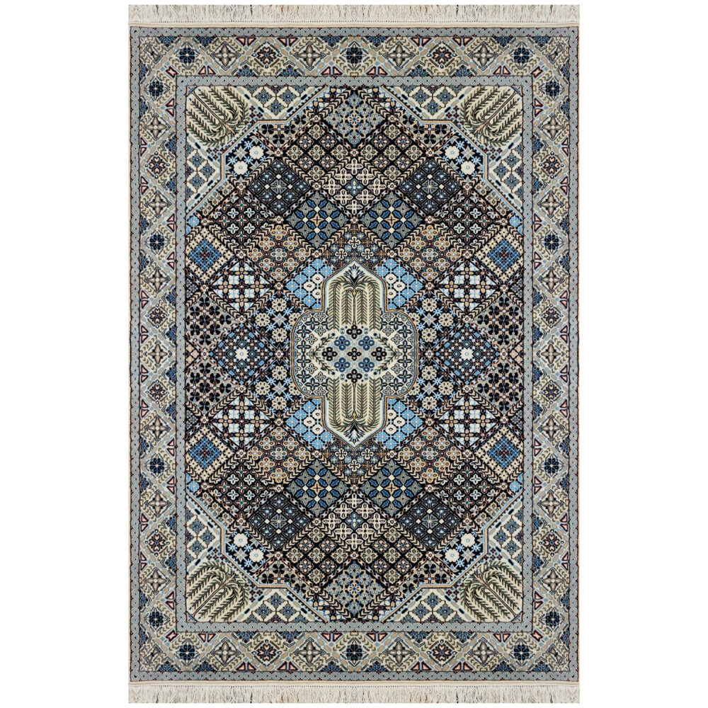 فرش دستباف نایین سرمه‌ای نقشه جوشقان ۶ لا گل ابریشم – قالیچه (۱۲۰ × ۱۸۵ سانتی‌متر) – کد ۱۱۰۵