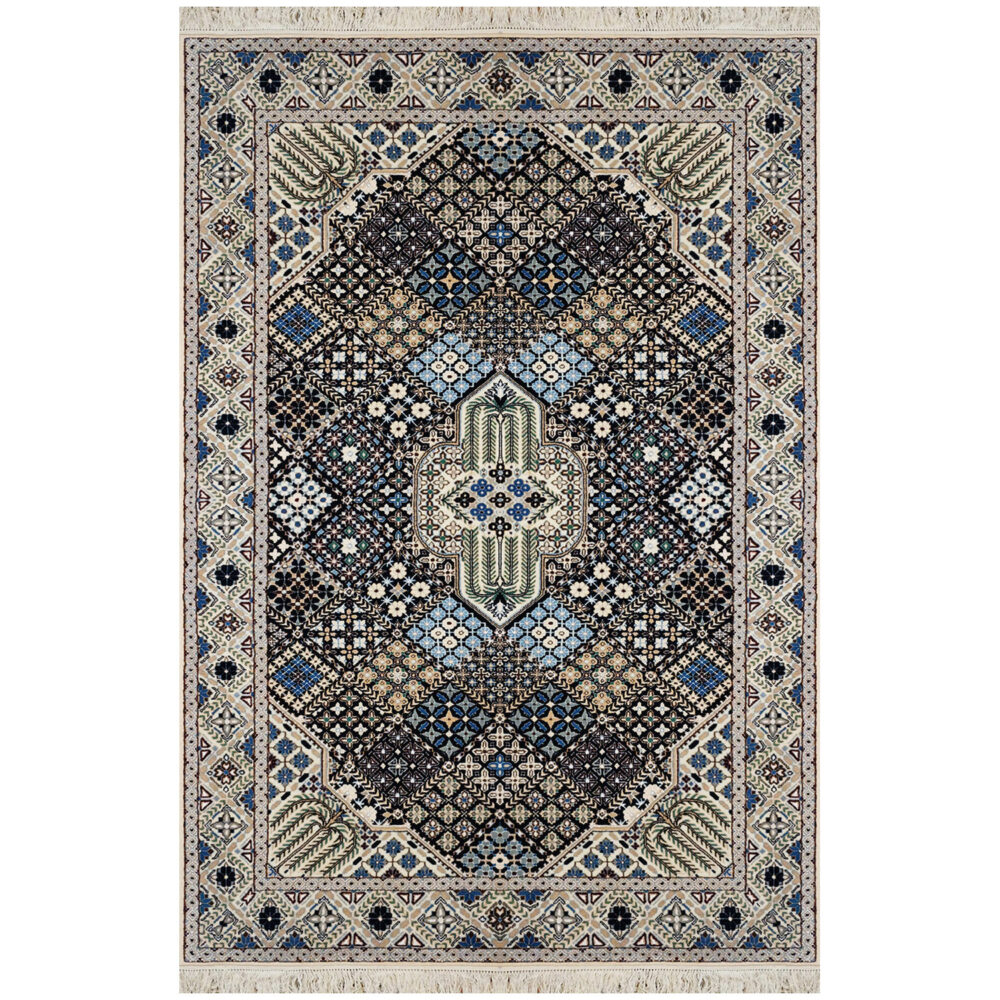 فرش دستباف نایین سرمهای نقشه جوشقان ۶ لا گل ابریشم – قالیچه (۱۲۰ × ۲۰۰ سانتیمتر) – کد ۱۱۰۴