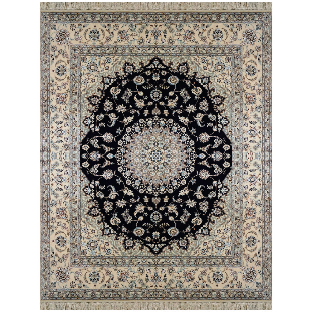 فرش نایین سرمه ای دستباف نقشه لچک و ترنج ۶ لا گل ابریشم